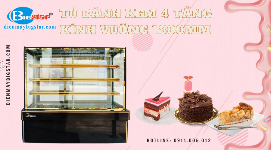 Tủ bánh kem 4 tầng kính vuông 1800mm