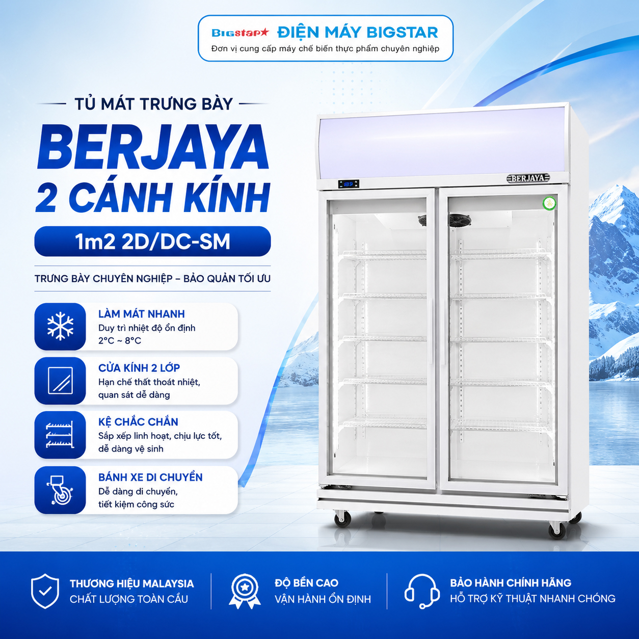 Tủ mát trưng bày Berjaya 2 cánh kính 1m2 2D/DC-SM 15 tu mat trung bay berjaya 2 canh kinh 1m2 2D DC SM banner 2