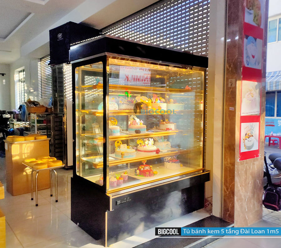 Tủ bánh kem kính vuông Đài Loan 5 tầng 1m5 16 tu trung bay banh kem 5 tang dai loan bigcool t