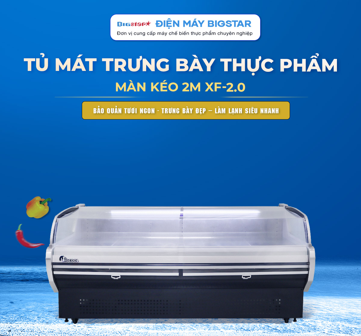Tủ mát trưng bày thực phẩm màn kéo 2m XF-2.0 20 tu trung by thuc pham man keo XF 2.0 banner