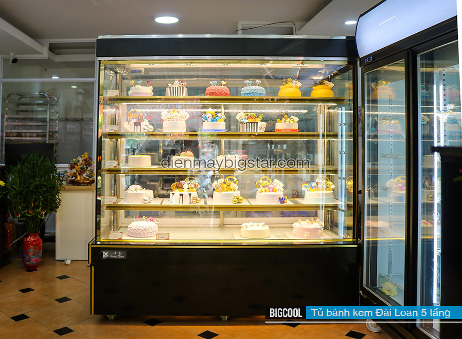 Tủ bánh kem Đài Loan 5 tầng kính vuông 1800mm 23 tu trung bay banh kem 5 tang dai loan kinh vuong bigcool 2 t