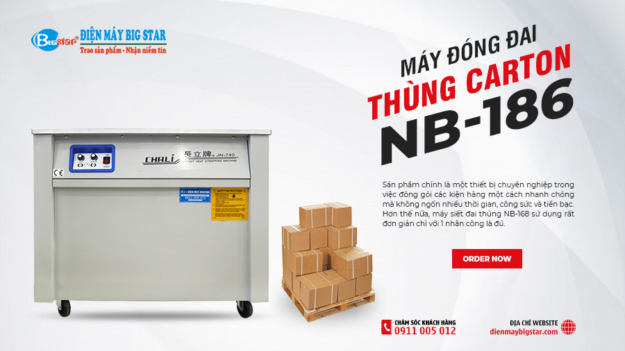 Máy đóng đai thùng carton NB-168 15 May dong dai thung carton NB 168 banner