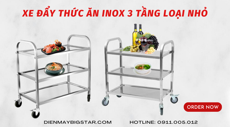 Xe đẩy thức ăn inox 3 tầng loại nhỏ