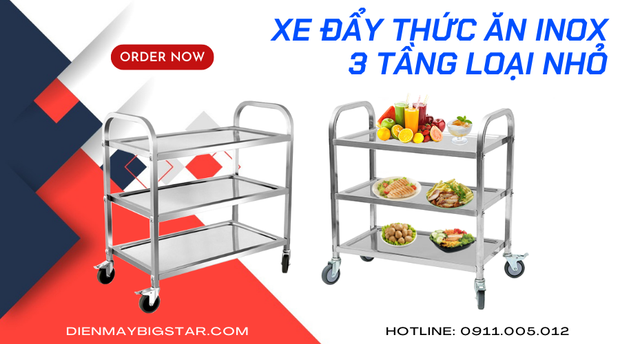 Xe đẩy thức ăn inox 3 tầng loại nhỏ