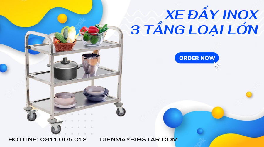 Xe đẩy inox 3 tầng loại lớn