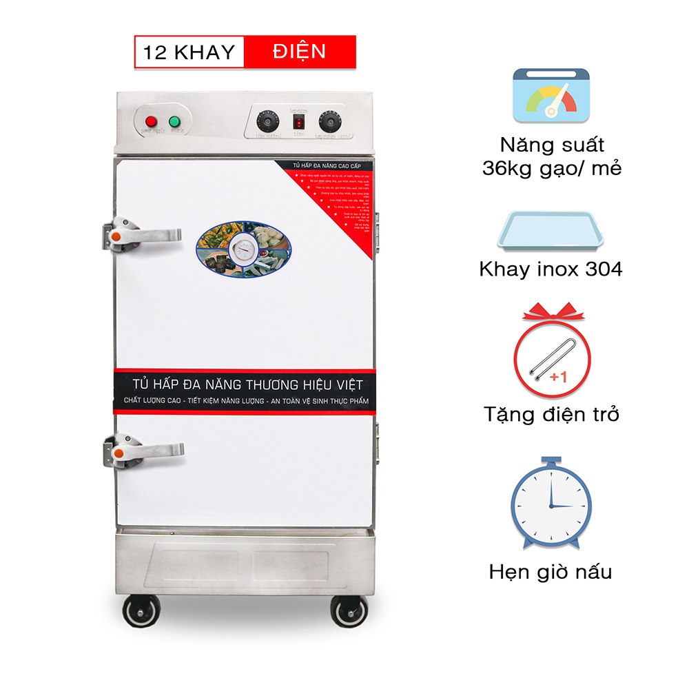 Tủ nấu cơm công nghiệp 12 khay dùng điện + hẹn giờ - Thông số kỹ thuật