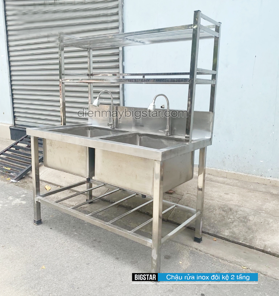 Chậu rửa inox đôi kệ 2 tầng