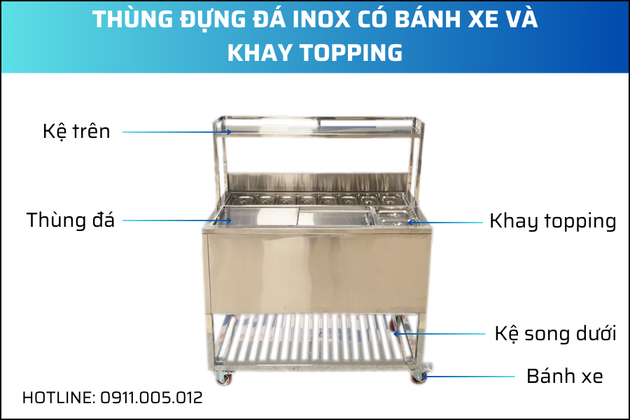 thung dung da inox co banh xe va khay topping 3