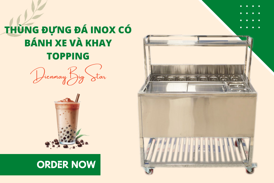 thung dung da inox co banh xe va khay topping 5