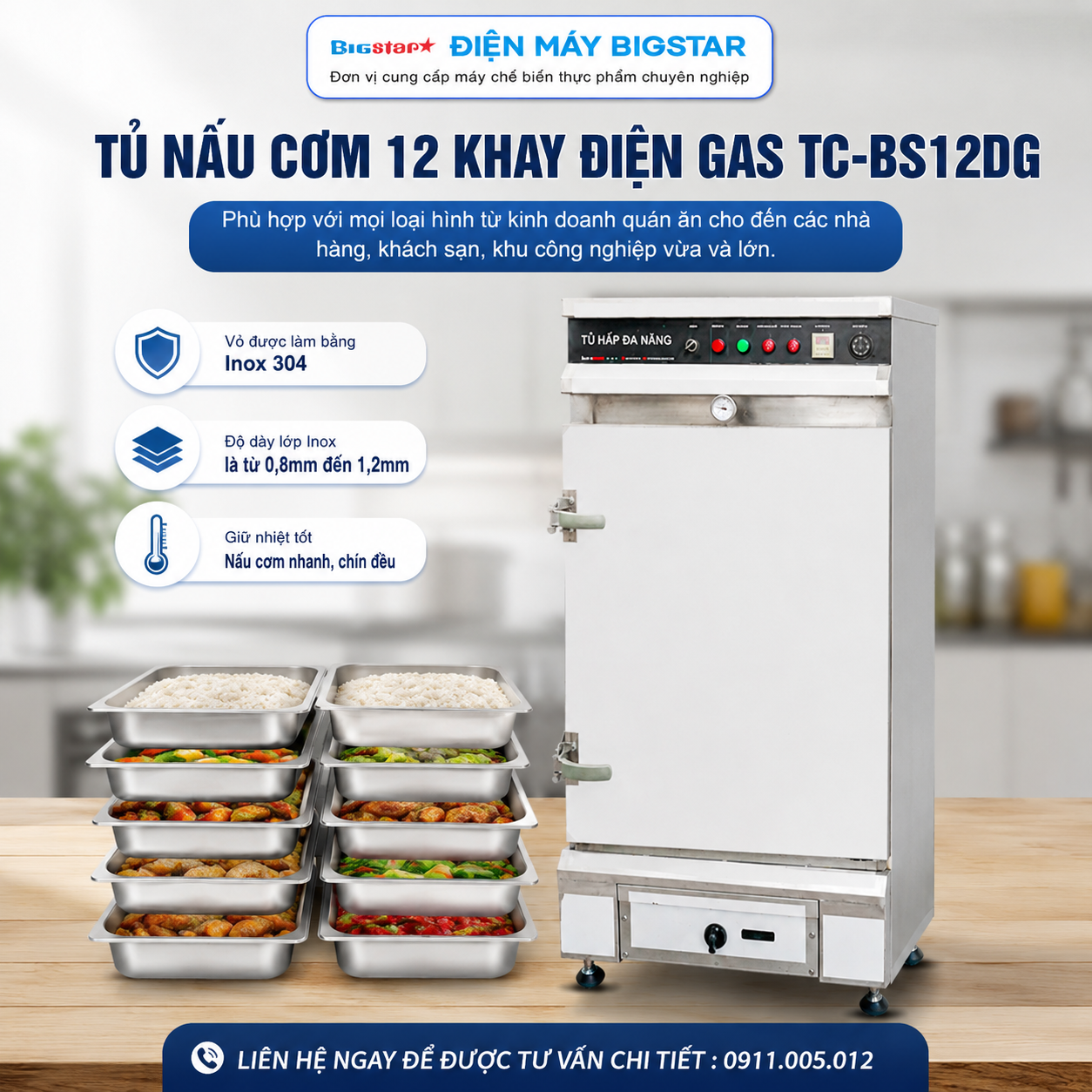 Tủ nấu cơm 12 khay điện gas TC-BS12DG 10 tu nau com 12 khay dien gas TC BS12DG banner