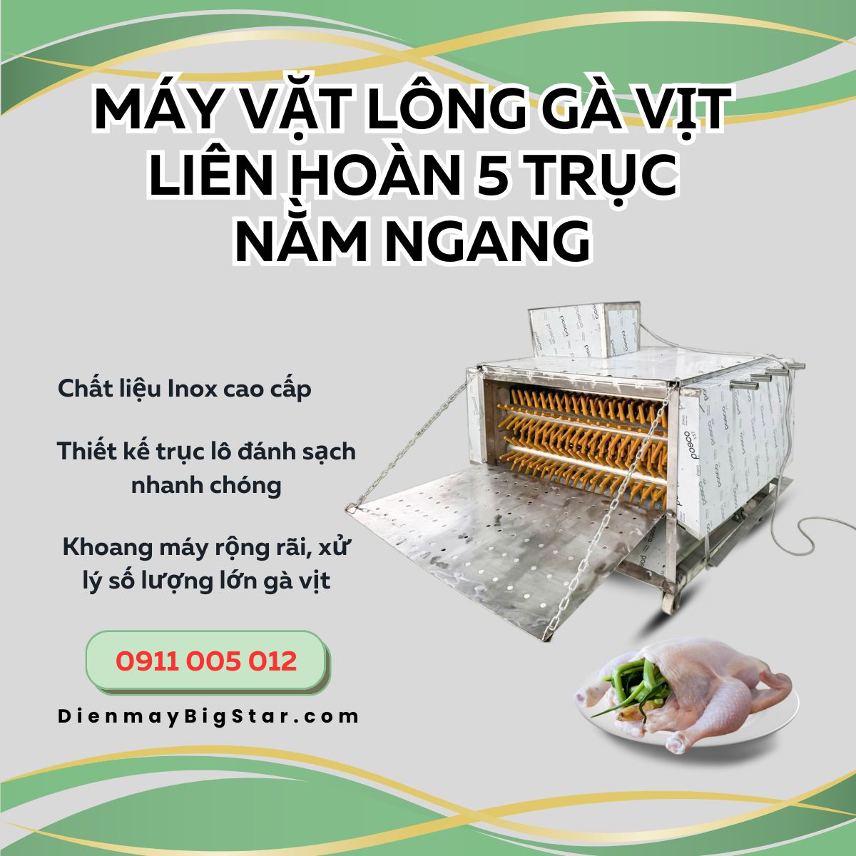 máy vặt lông gà vịt liên hoàn 5 trục nằm ngang