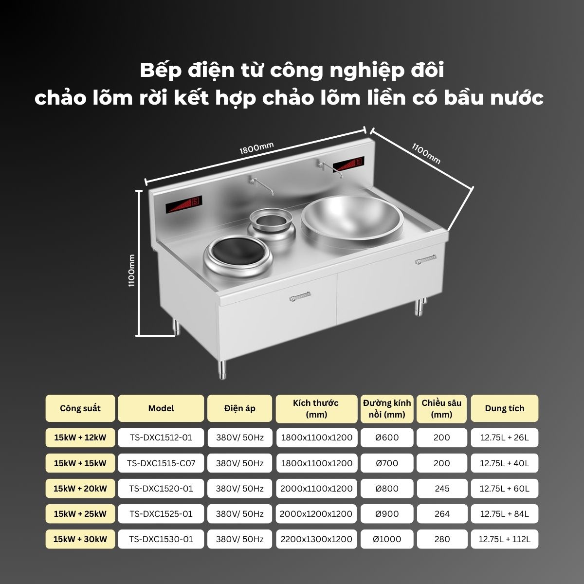 bep dien tu cong nghiep doi chao lom roi ket hop chao lom lien co bau nuoc 2x15kw 5 1 ko