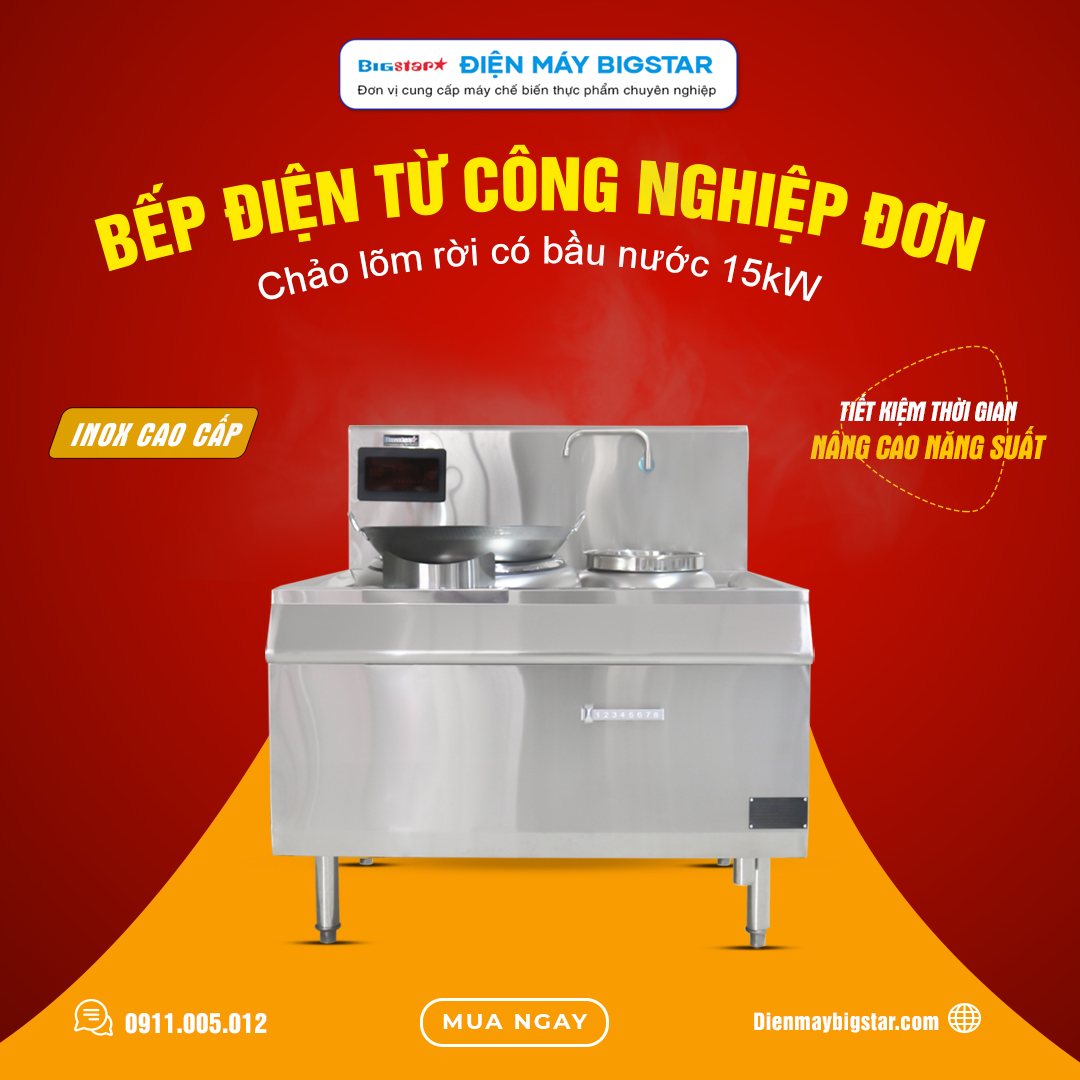 Bếp điện từ công nghiệp đơn chảo lõm rời có bầu nước 15kW 18 bep dien tu cong nghiep don chao lom roi co bau nuoc 15kw banner
