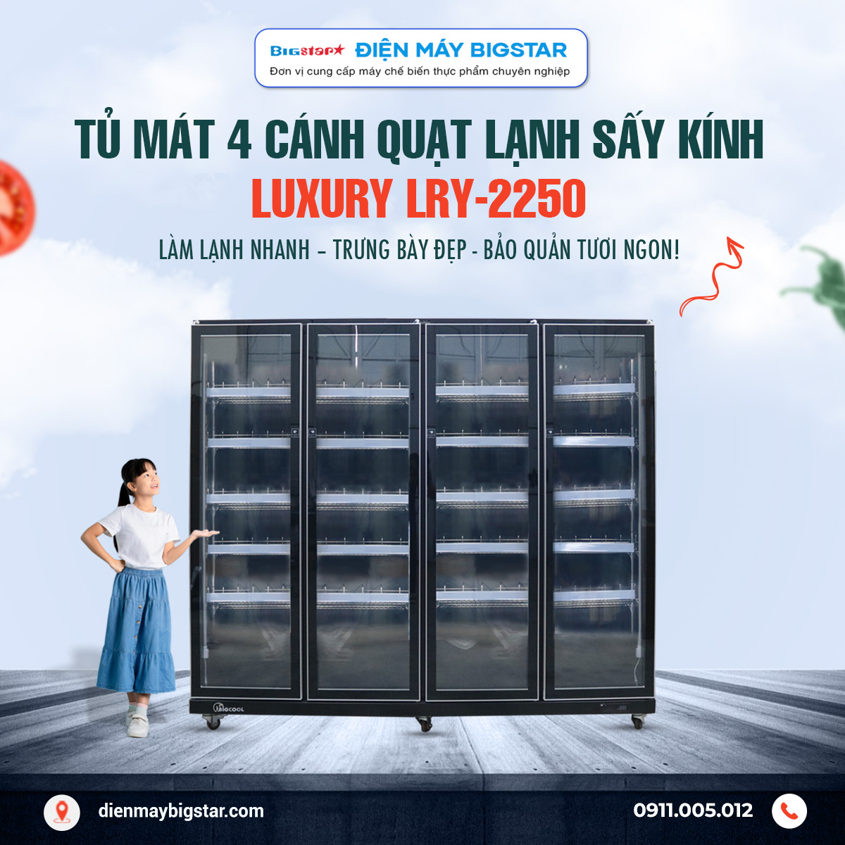 Tủ mát 4 cánh quạt lạnh sấy kính Luxury LRY-2250