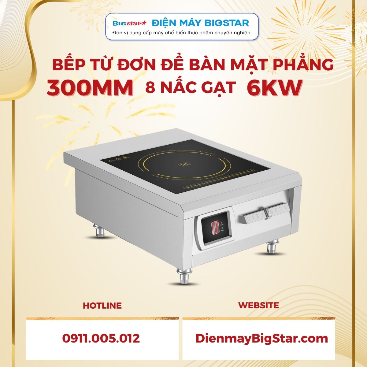 Bếp từ đơn để bàn mặt phẳng 300mm 8 nấc gạt 6kW