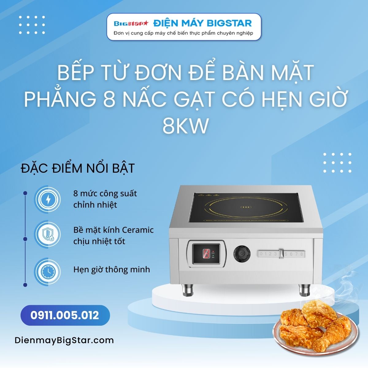 Bếp từ đơn để bàn mặt phẳng 8 nấc gạt có hẹn giờ 8kW