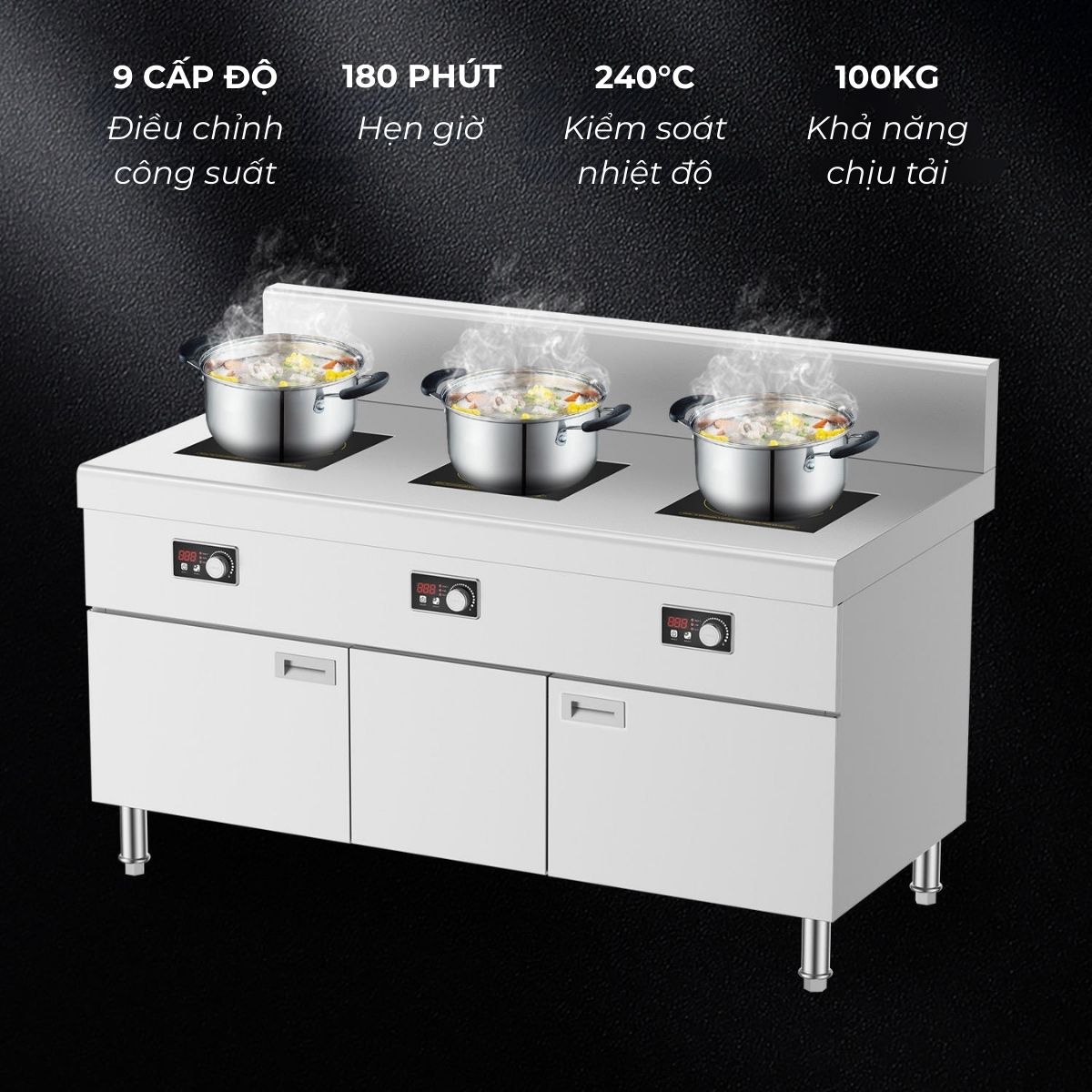 Bếp điện từ công nghiệp phẳng 3 họng có hộc tủ