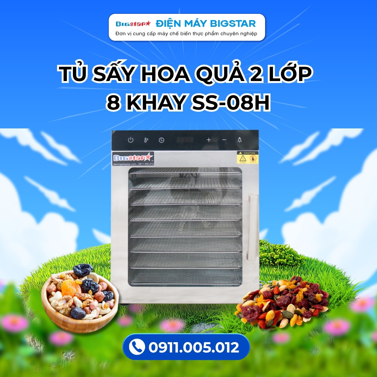 Tủ sấy hoa quả 2 lớp 8 khay SS-08H