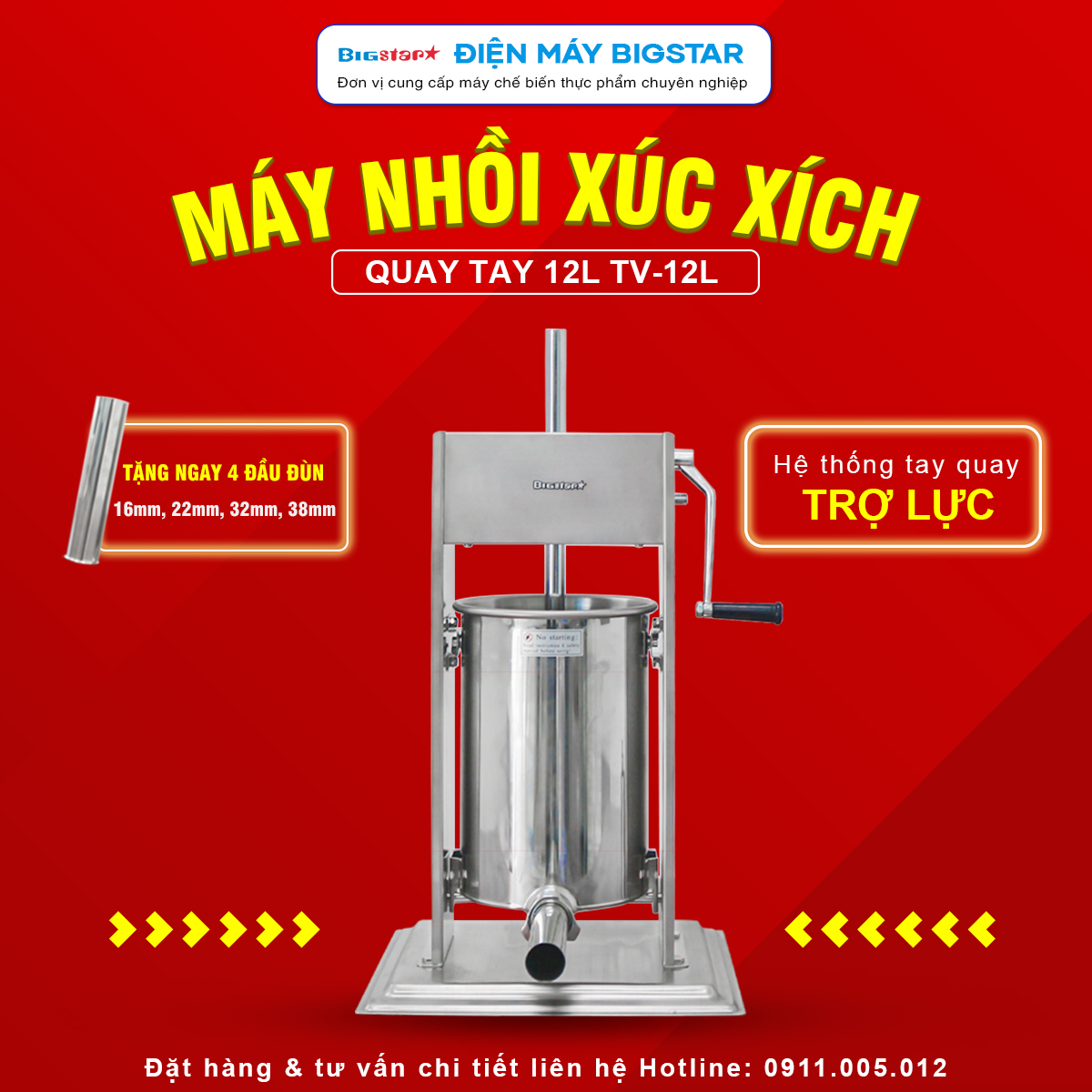 may nhoi xuc xich quay tay 12L TV12L banner