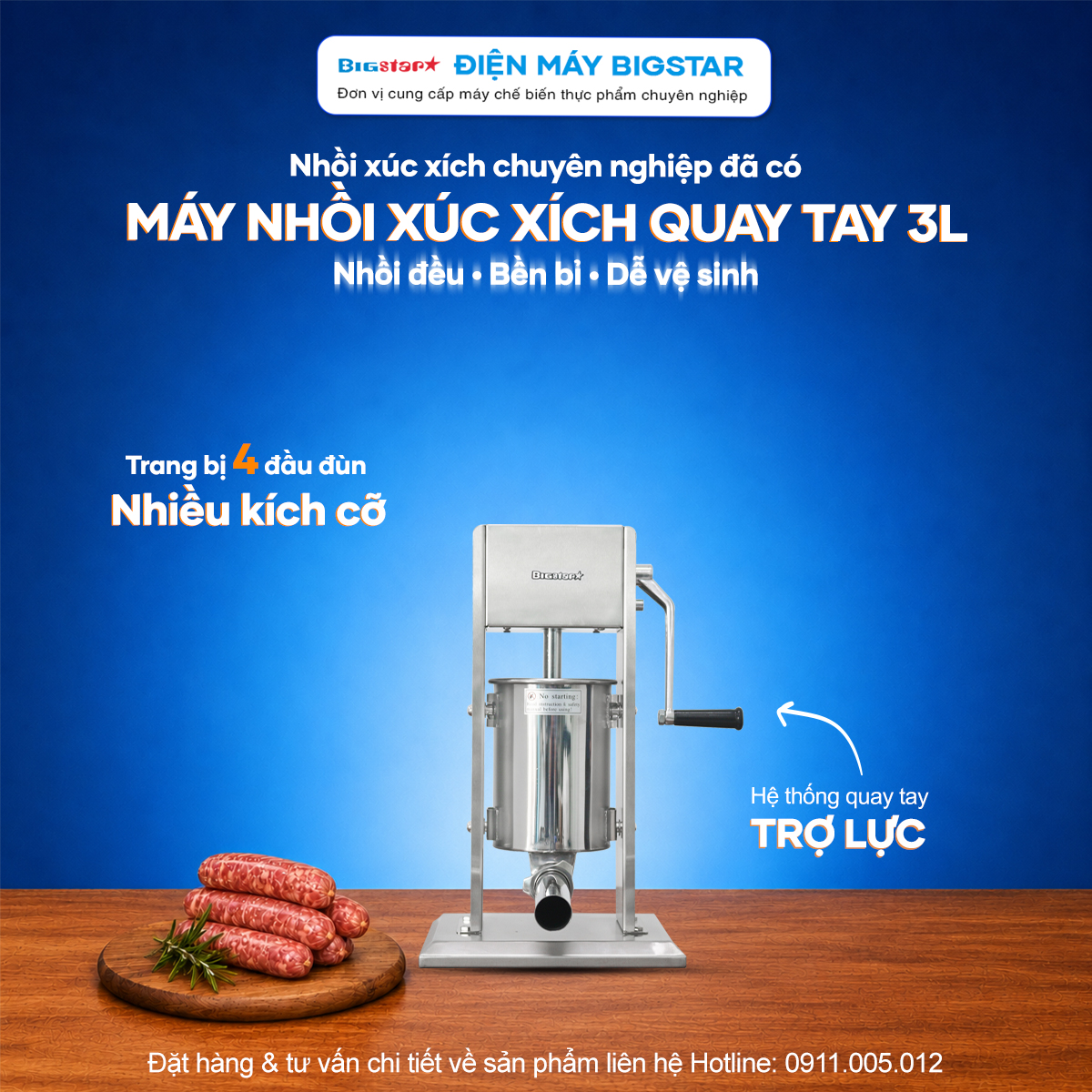 may nhoi xuc xich quay tay 3L banner