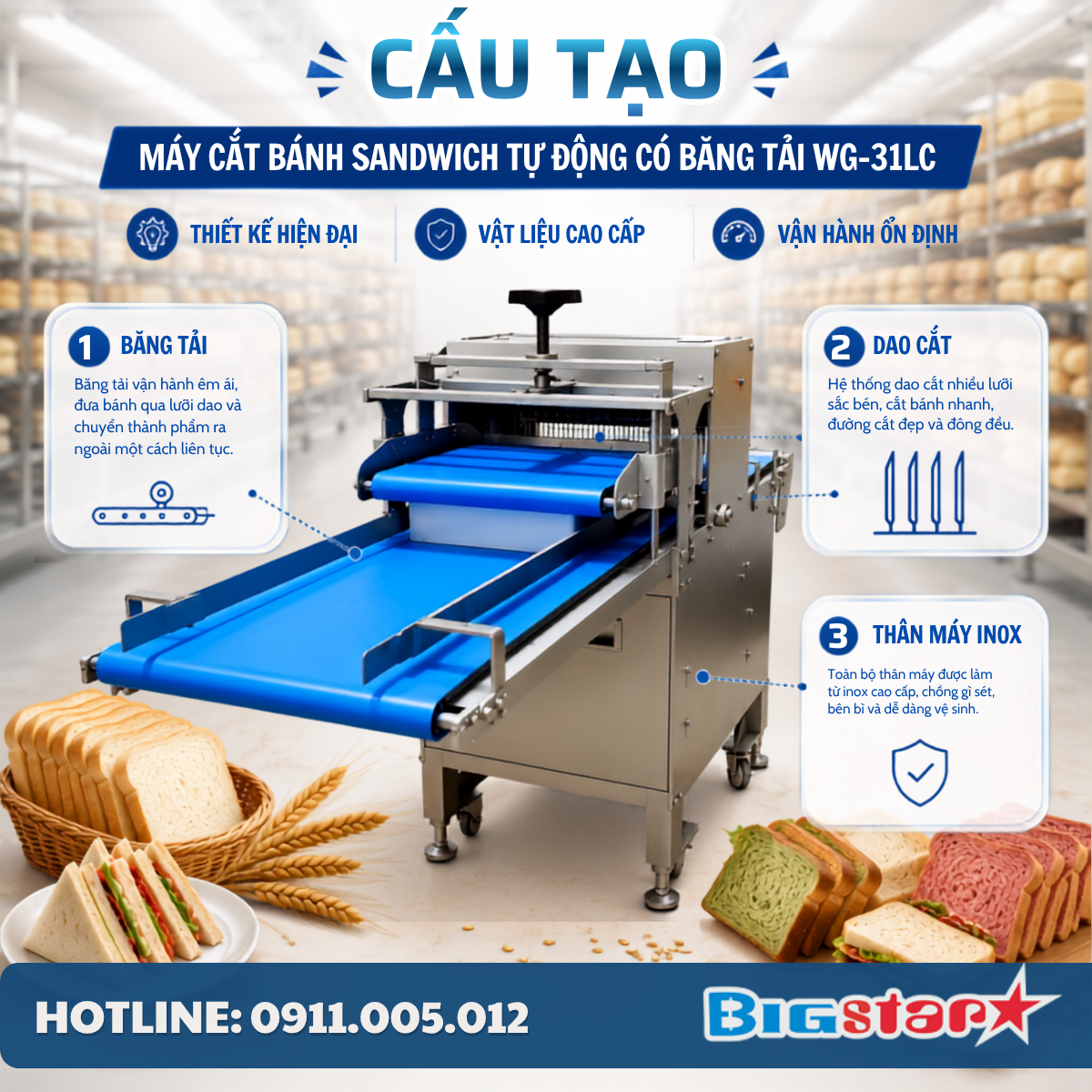 Máy cắt bánh sandwich tự động có băng tải WG-31LC 19 May cat banh sandwich tu dong co bang tai WG 31LC banner 2 1